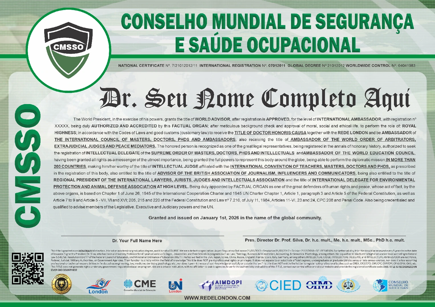 Diploma Conselho Mundial de Segurança e Saúde Ocupacional