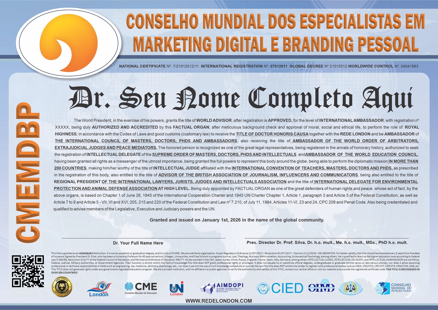 Diploma Conselho Mundial dos Especialistas em Marketing Digital e Branding Pessoal