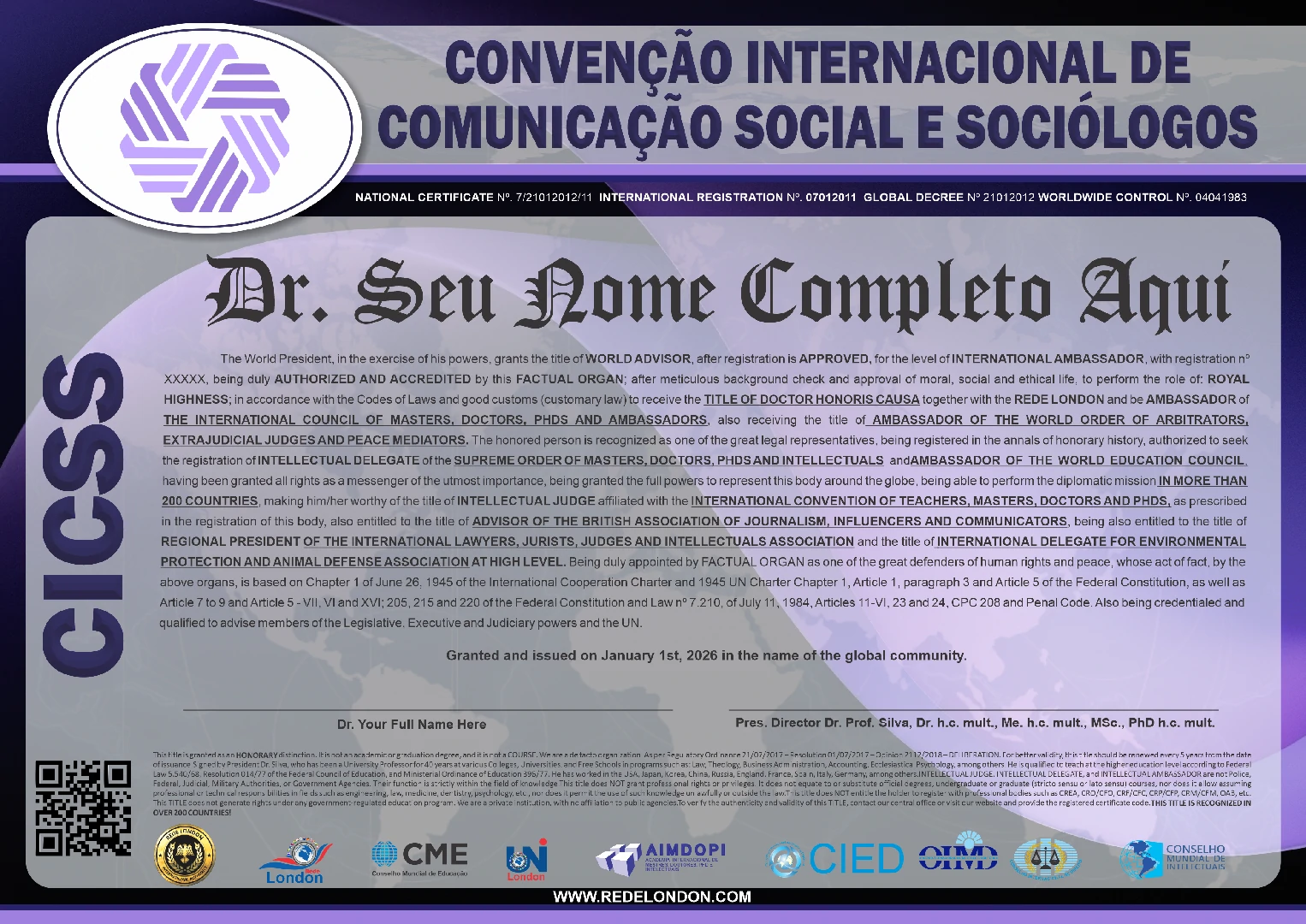 Diploma Convenção Internacional de Comunicação Social e Sociólogos