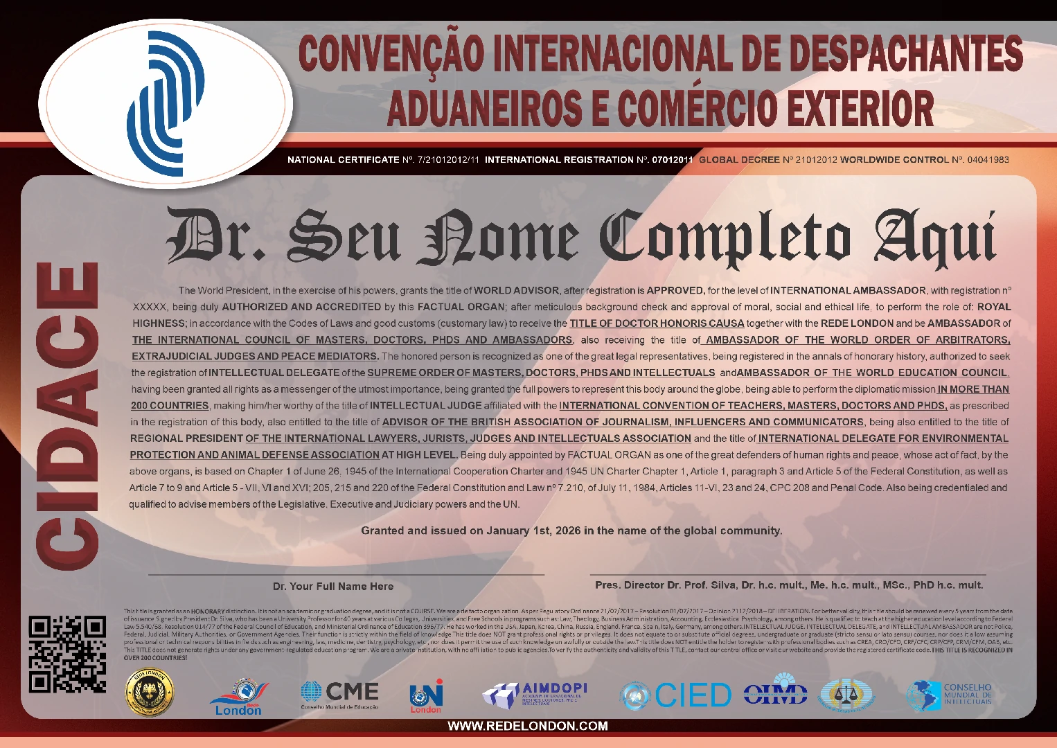 Diploma Convenção Internacional de Despachantes Aduaneiros e Comércio Exterior