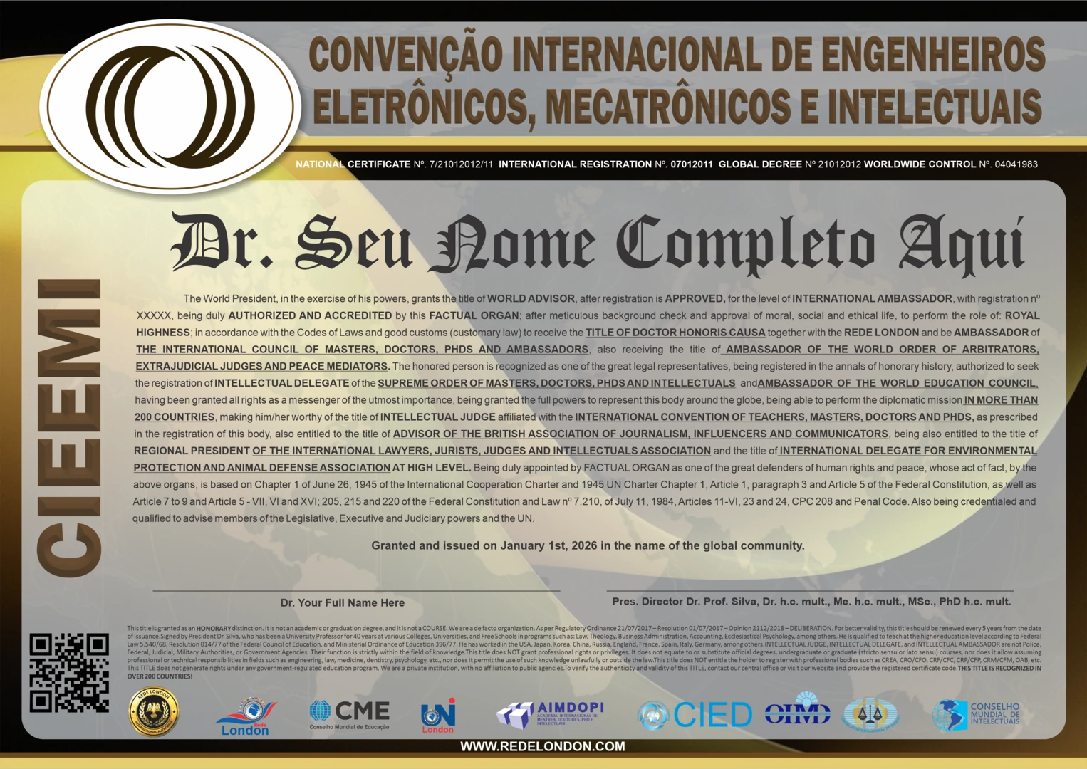 Diploma Convenção Internacional de Engenheiros Eletrônicos, Mecatrônicos e Intelectuais