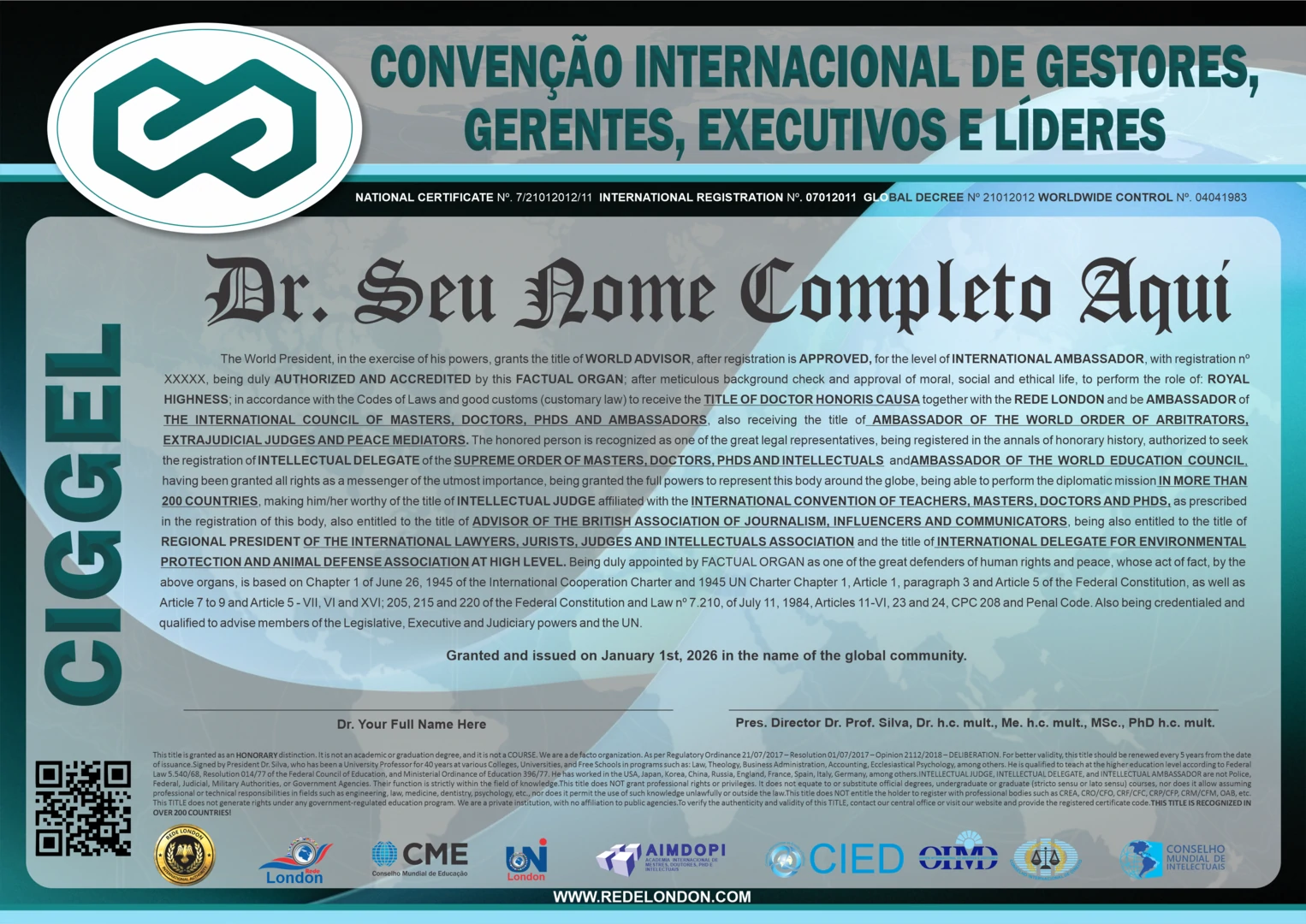 Diploma Convenção Internacional de Gestores, Gerentes, Executivos e Líderes