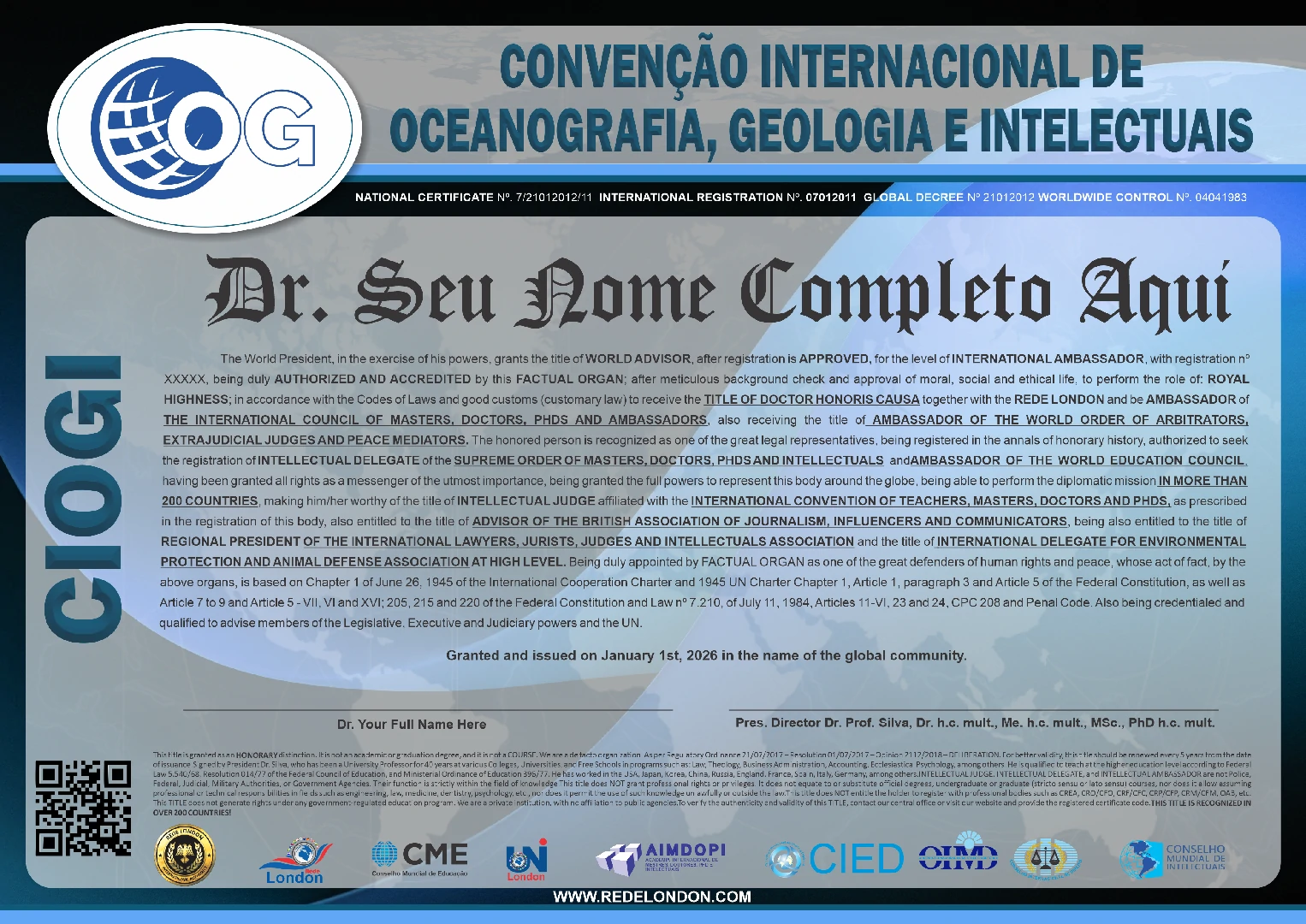 Diploma Convenção Internacional de Oceanografia, Geologia e Intelectuais