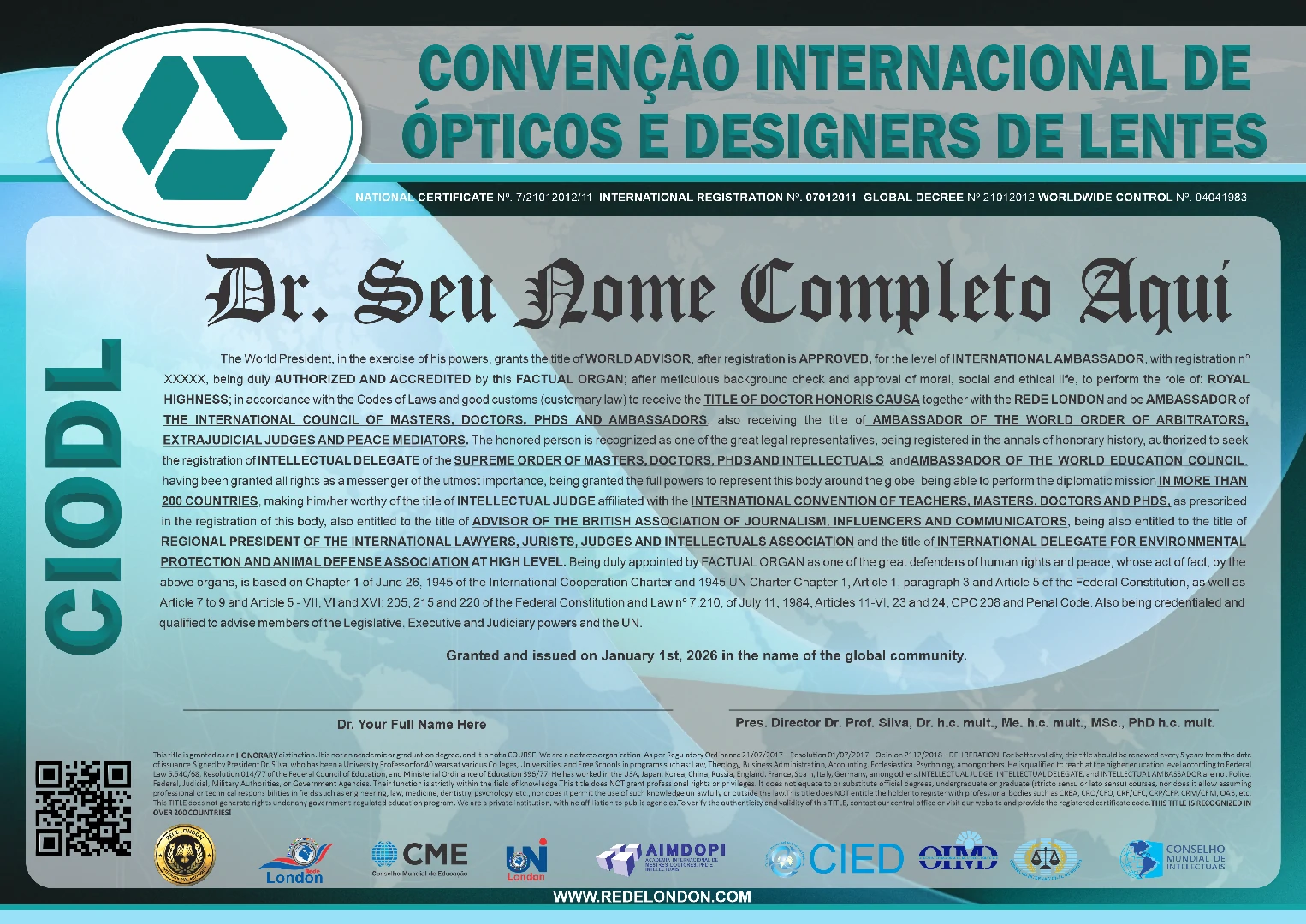 Diploma Convenção Internacional de Ópticos e Designers de Lentes
