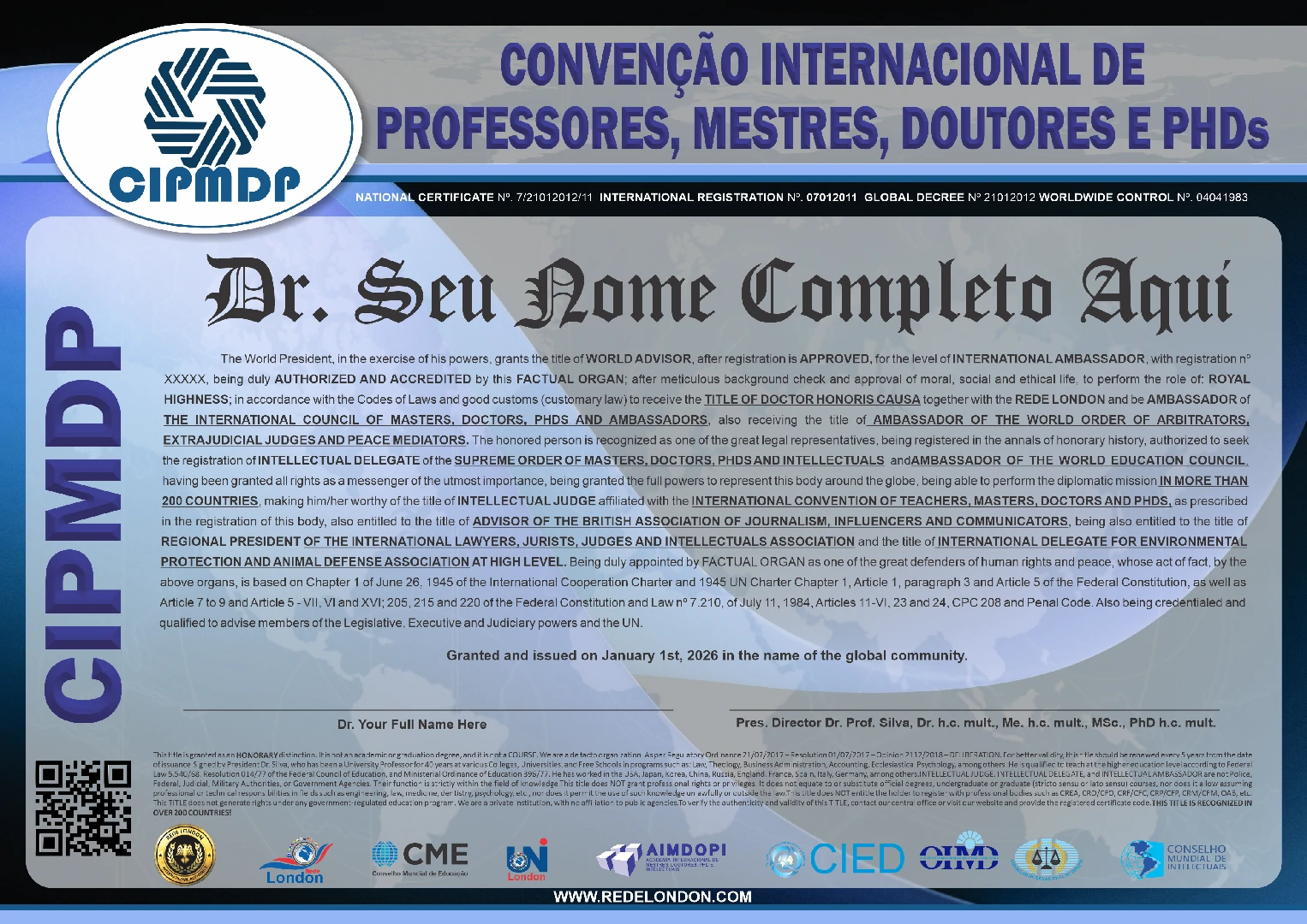 Diploma Convenção Internacional de Professores, Mestres, Doutores e Phds