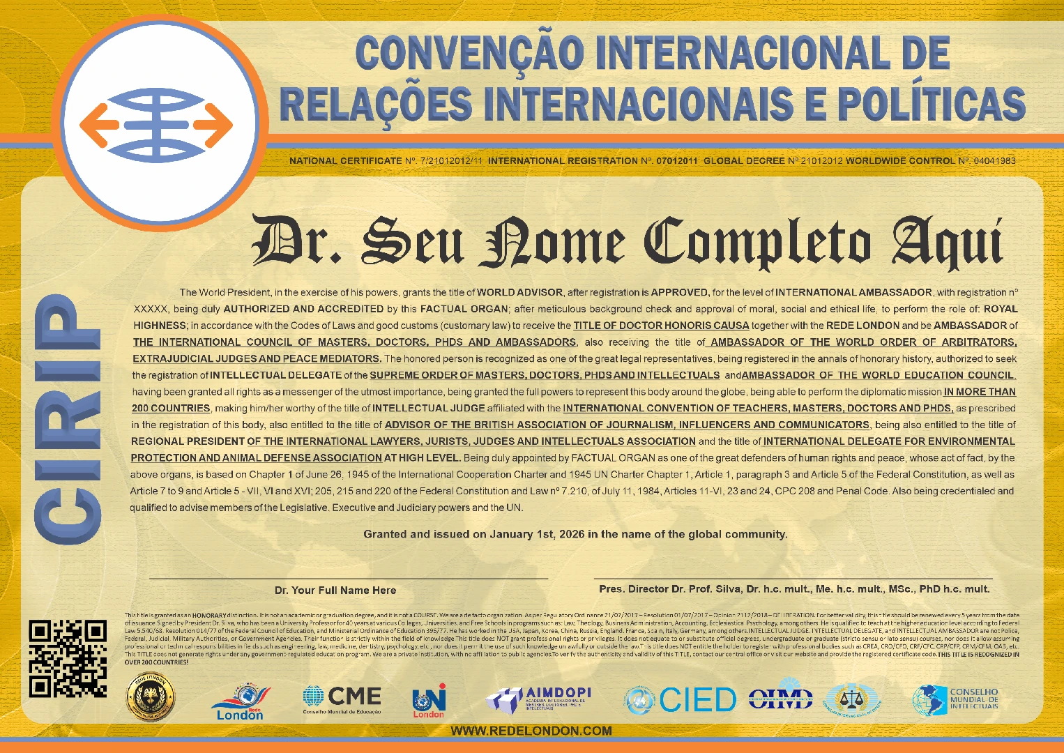 Diploma Convenção Internacional de Relações Internacionais e Políticas