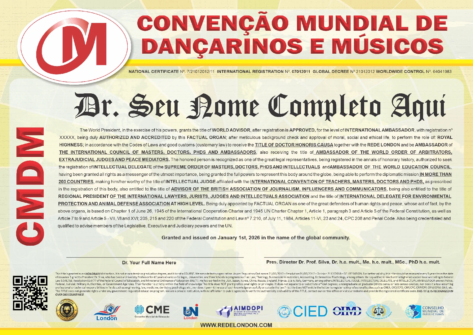 Diploma Convenção Mundial de Dançarinos e Músicos