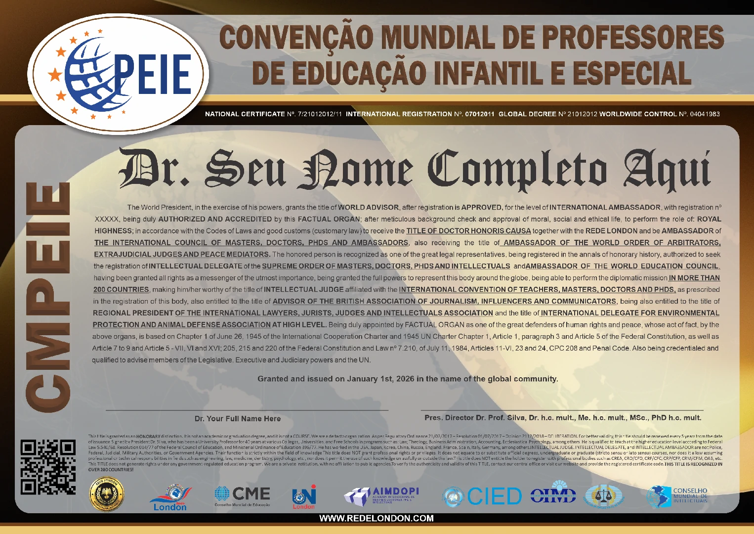 Diploma Convenção Mundial de Professores de Educação Infantil e Especial