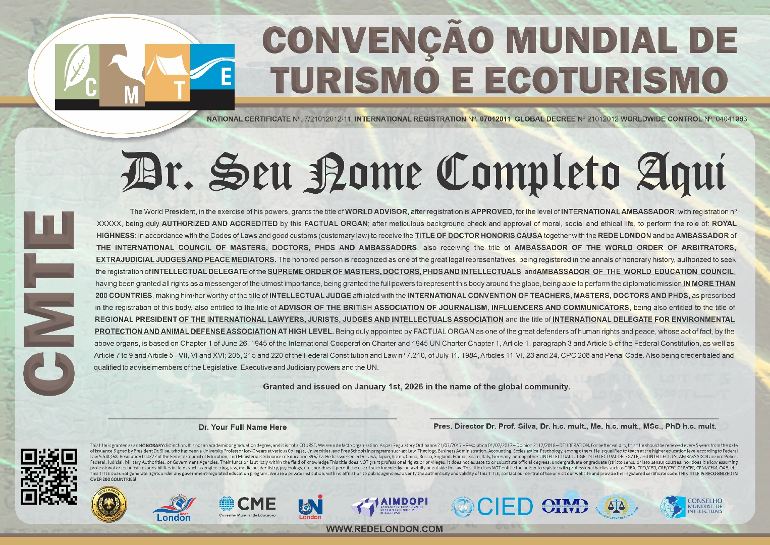Diploma Convenção Mundial de Turismo e Ecoturismo