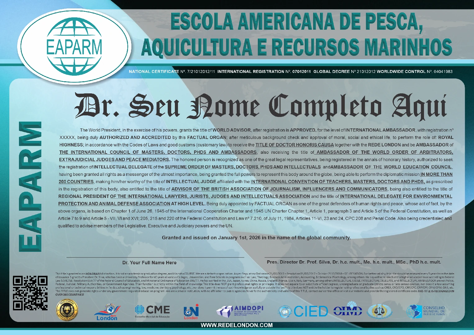 Diploma Escola Americana de Pesca, Aquicultura e Recursos Marinhos