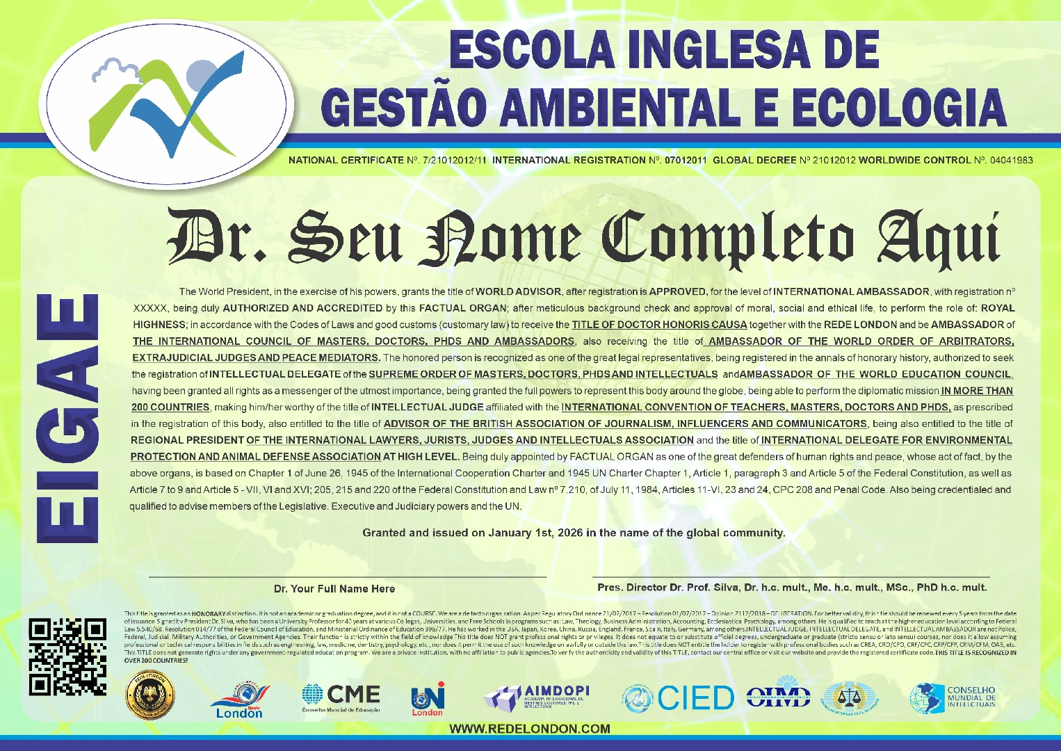 Diploma Escola Inglesa de Gestão Ambiental e Ecologia