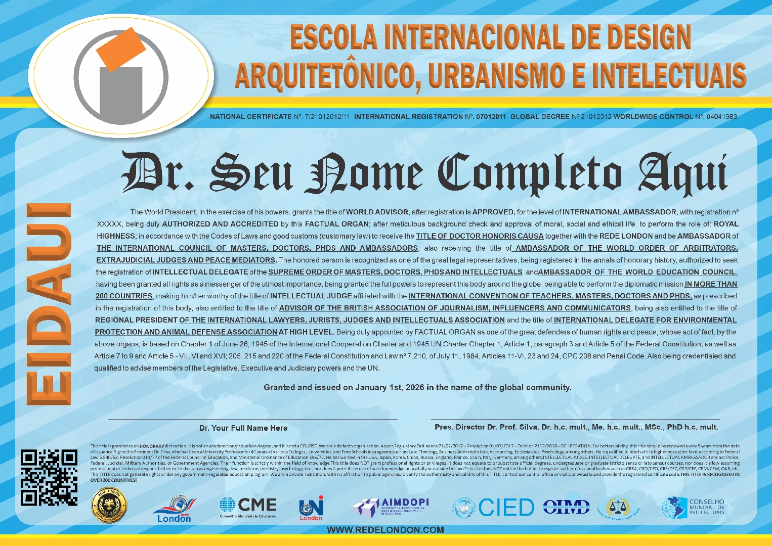 Diploma Escola Internacional de Design Arquitetônico, Urbanismo e Intelectuais