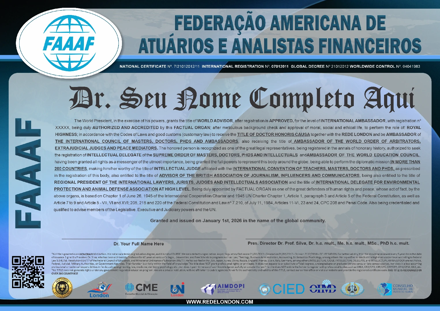 Diploma Federação Americana de Atuários e Analistas Financeiros