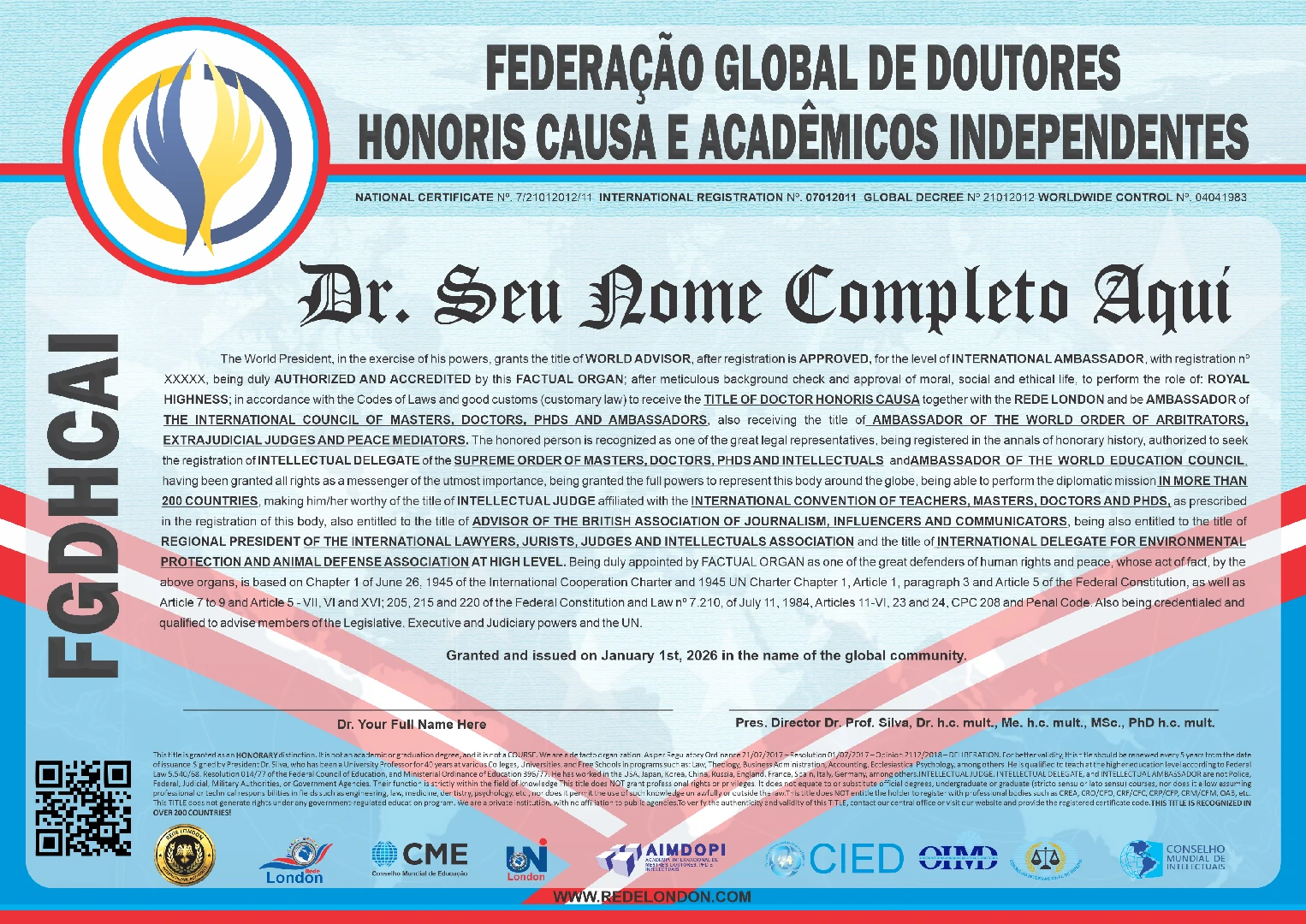 Diploma Federação Global de Doutores Honoris Causa e Acadêmicos Independentes