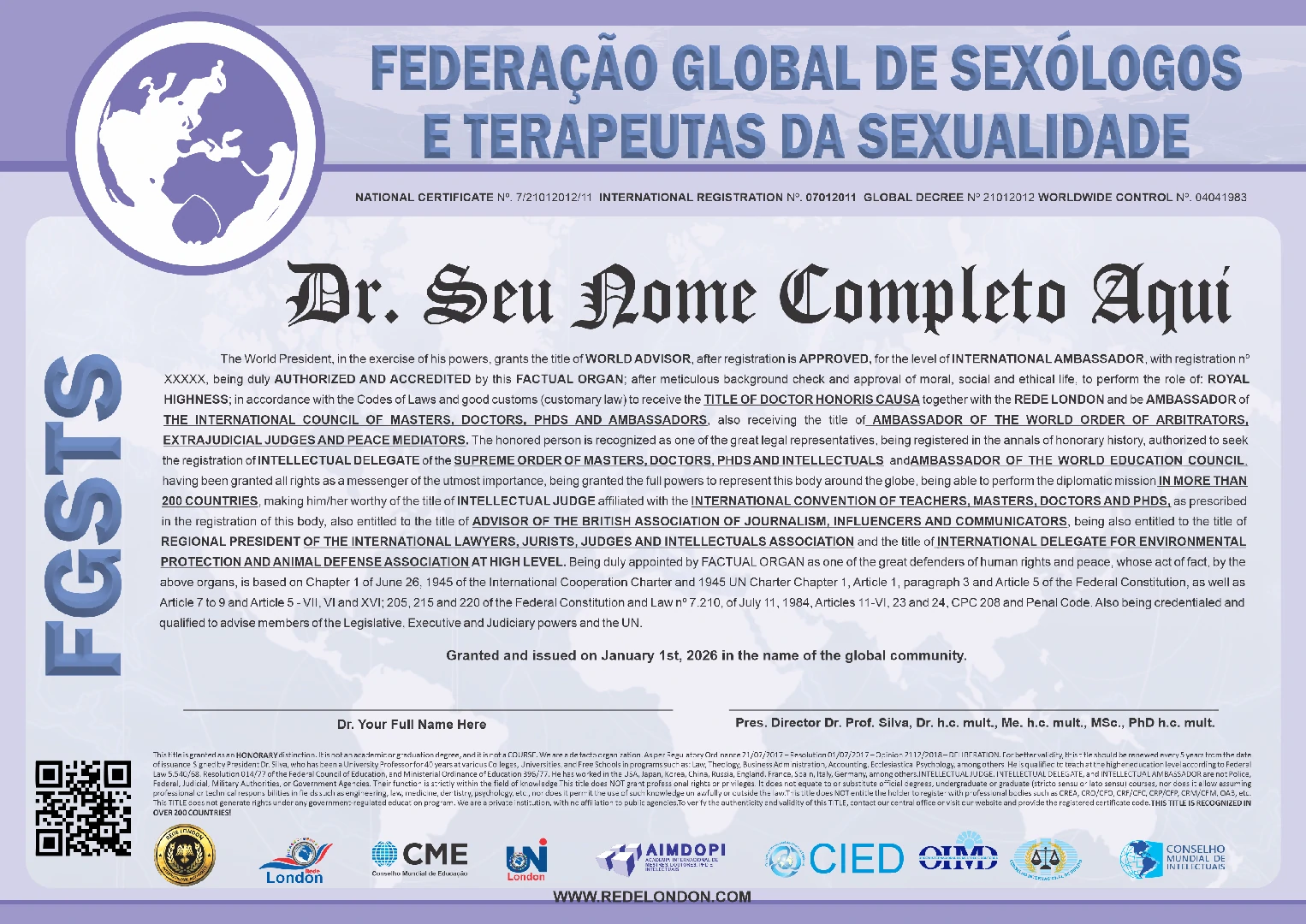 Diploma Federação Global de Sexólogos e Terapeutas da Sexualidade