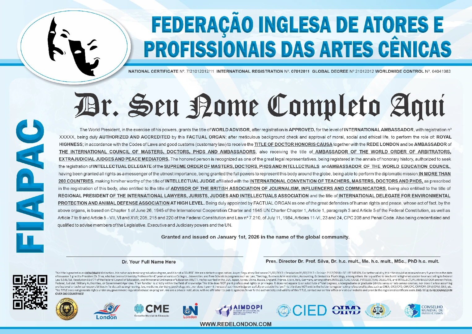 Diploma Federação Inglesa de Atores e Profissionais das Artes Cênicas