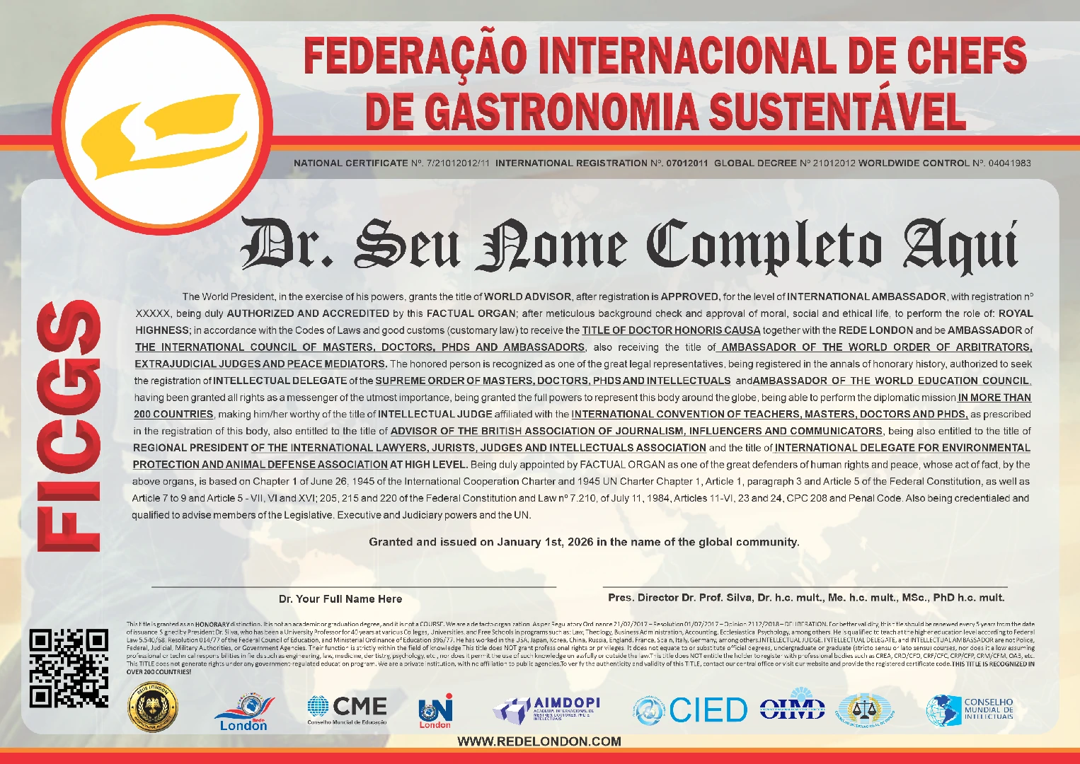 Diploma Federação Internacional de Chefs de Gastronomia Sustentável