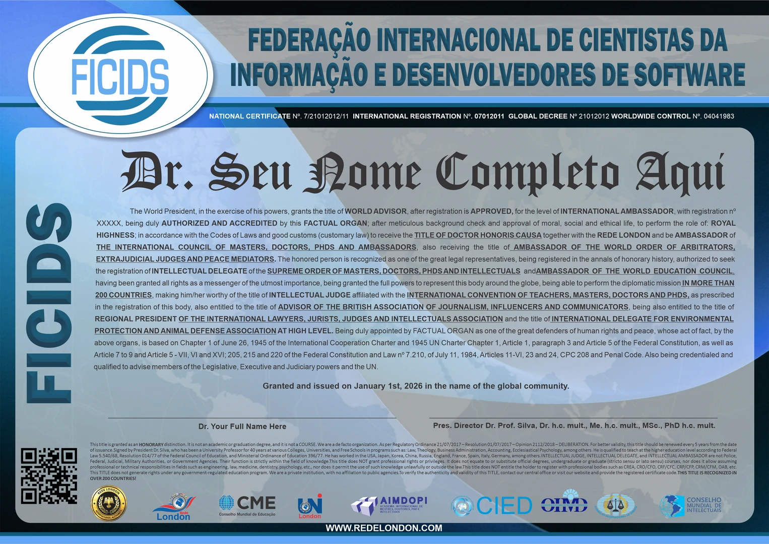 Diploma Federação Internacional de Cientistas da Informação e Desenvolvedores de Software