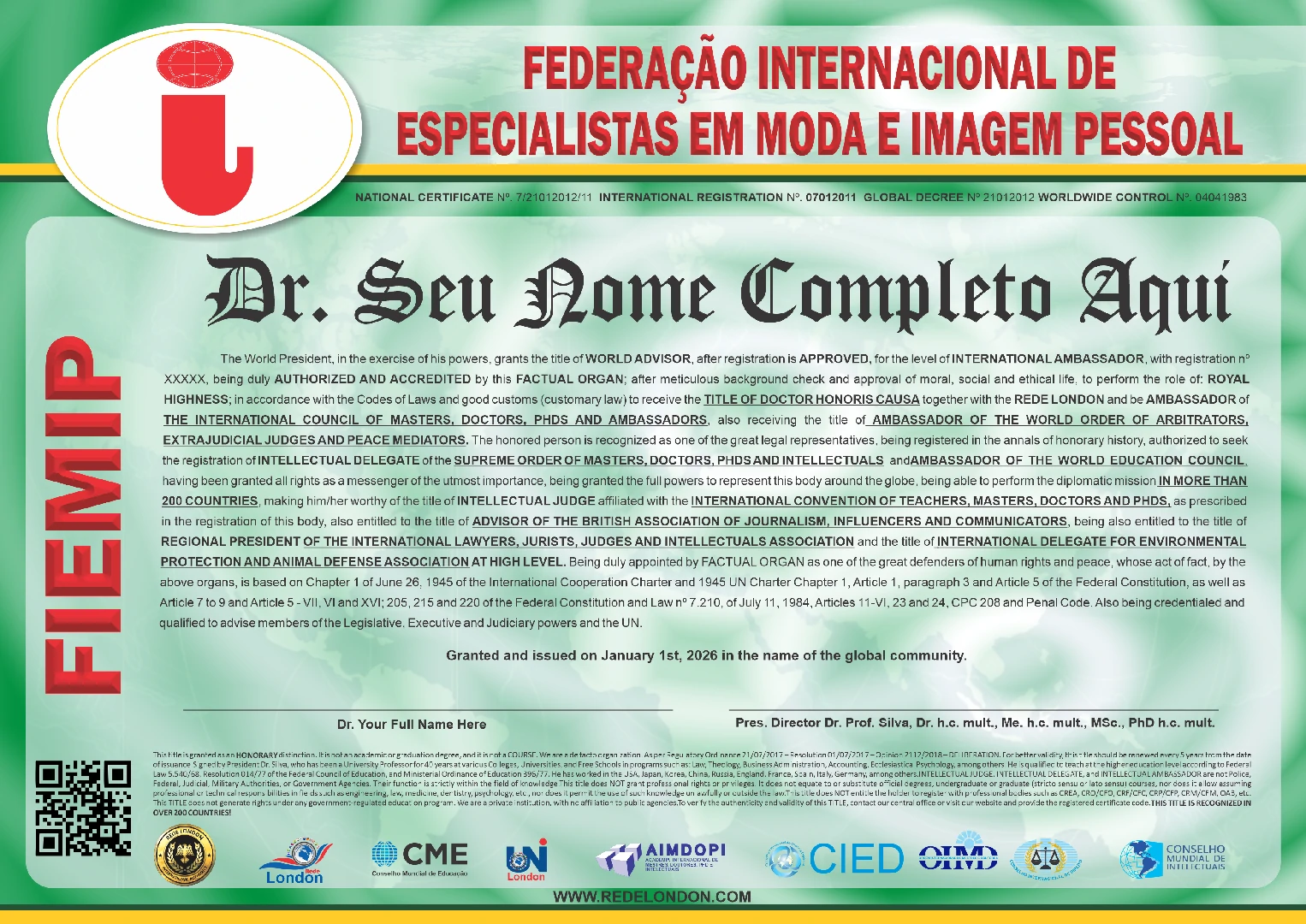 Diploma Federação Internacional de Especialistas em Moda e Imagem Pessoal