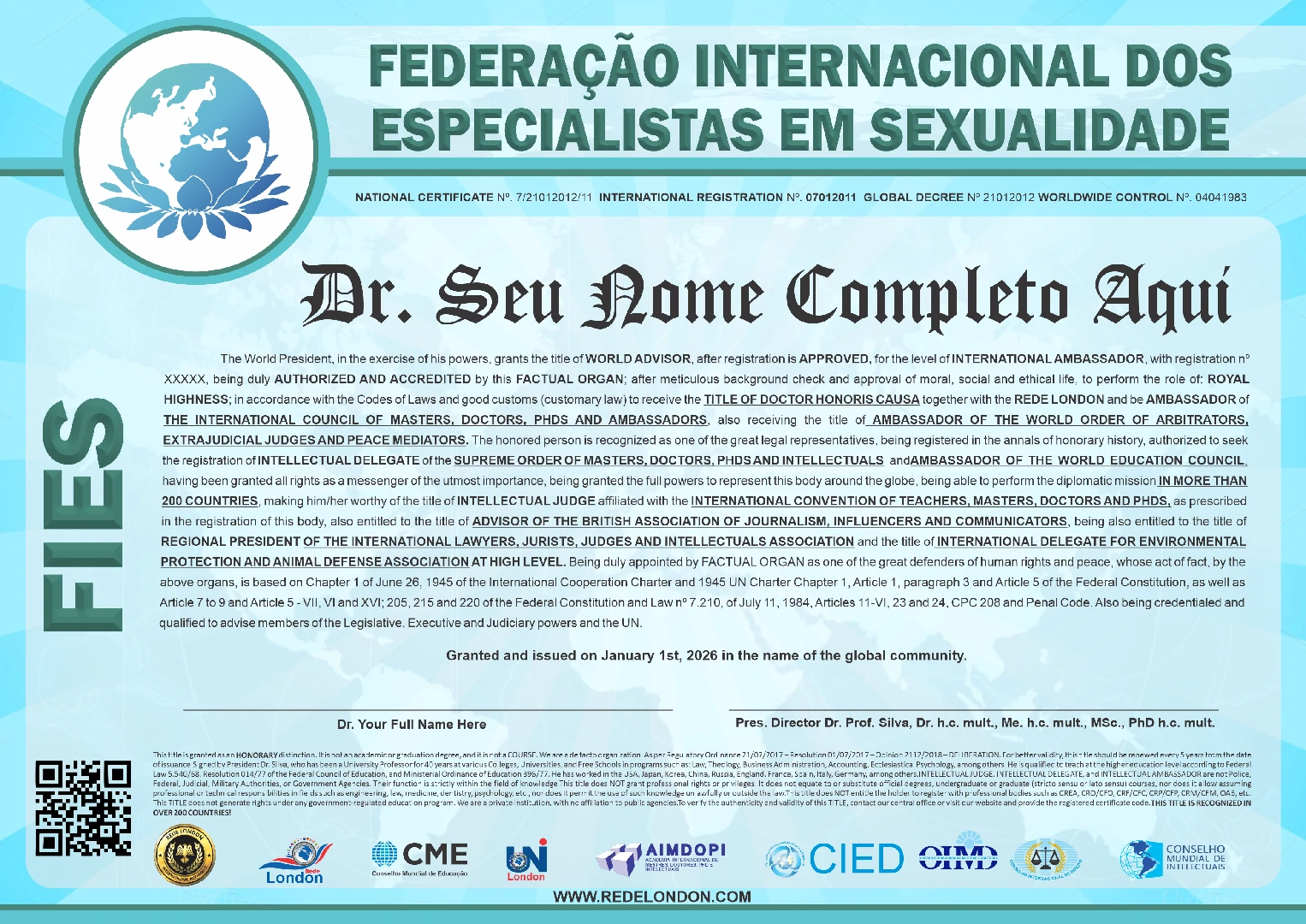 Diploma Federação Internacional dos Especialistas em Sexualidade
