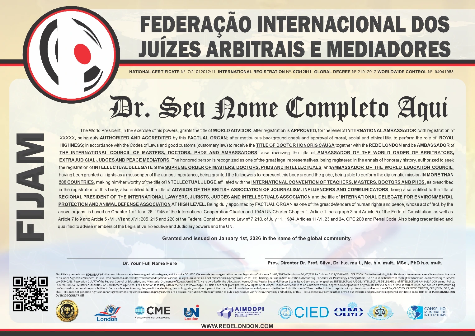 Diploma Federação Internacional dos Juízes Arbitrais e Mediadores