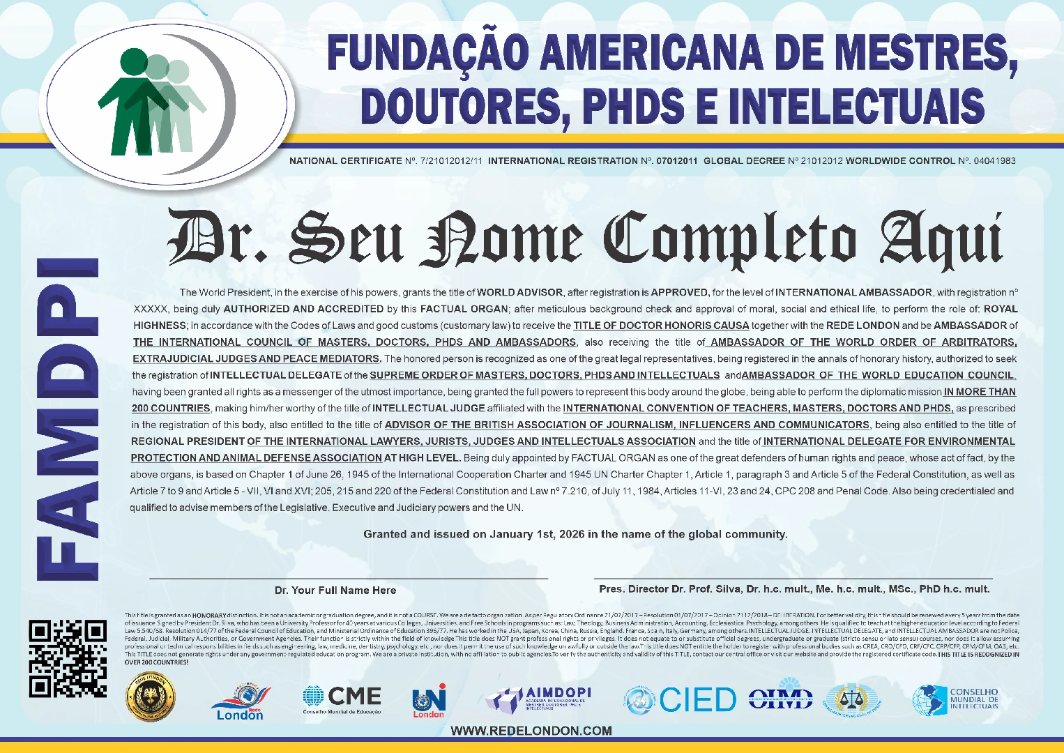 Diploma Fundação Americana de Mestres, Doutores, Phds e Intelectuais