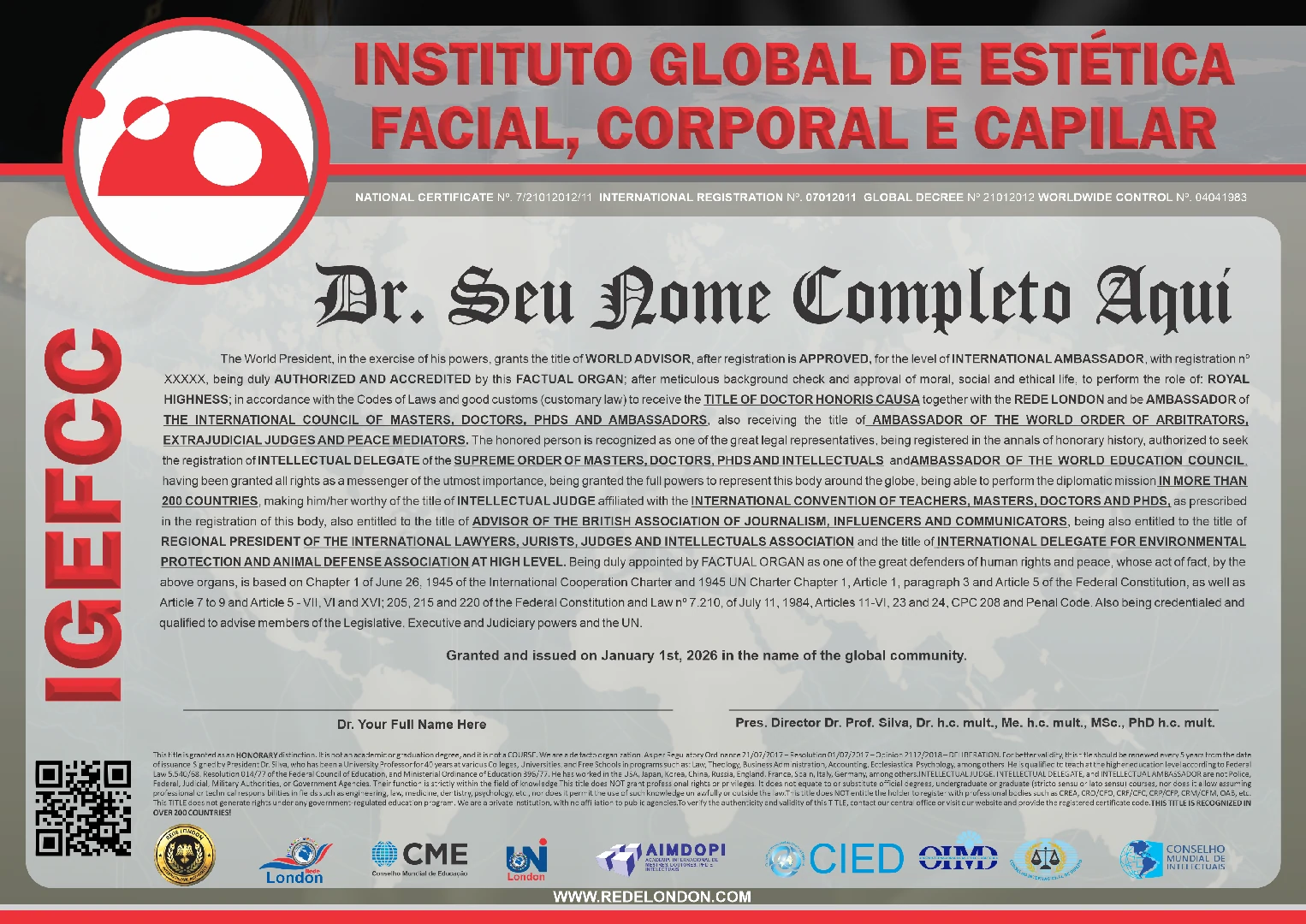 Diploma Instituto Global de Estética Facial, Corporal e Capilar
