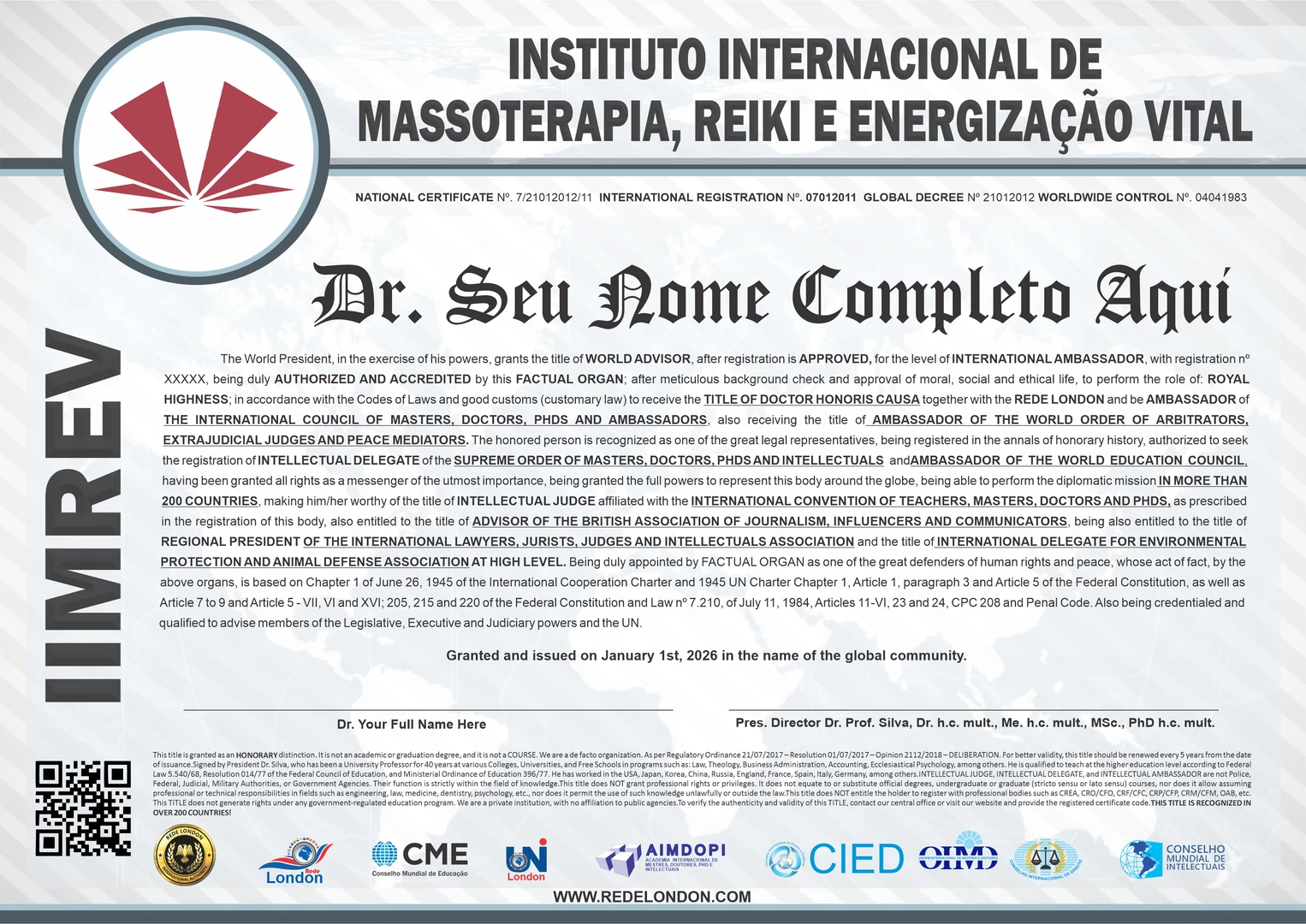 Diploma Instituto Internacional de Massoterapia, Reiki e Energização Vital