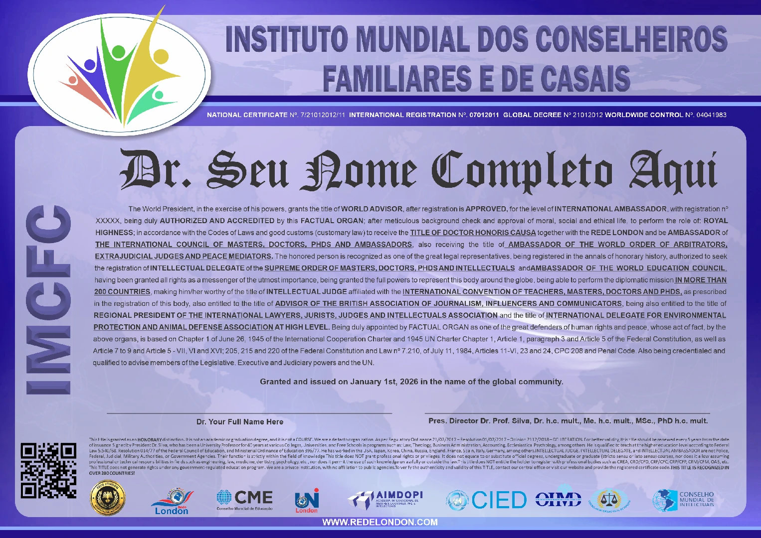 Diploma Instituto Mundial dos Conselheiros Familiares e de Casais