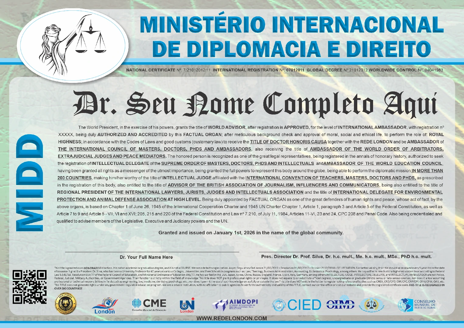 Diploma Ministério Internacional de Diplomacia e Direito