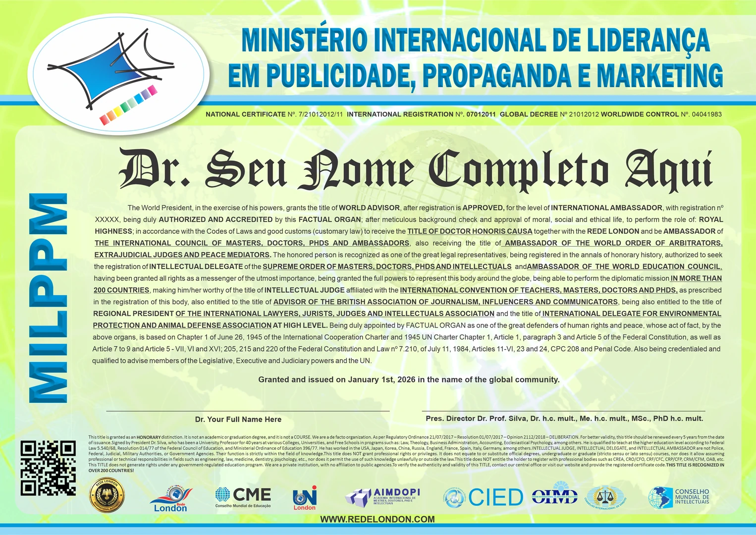 Diploma Ministério Internacional de Liderança em Publicidade, Propaganda e Marketing
