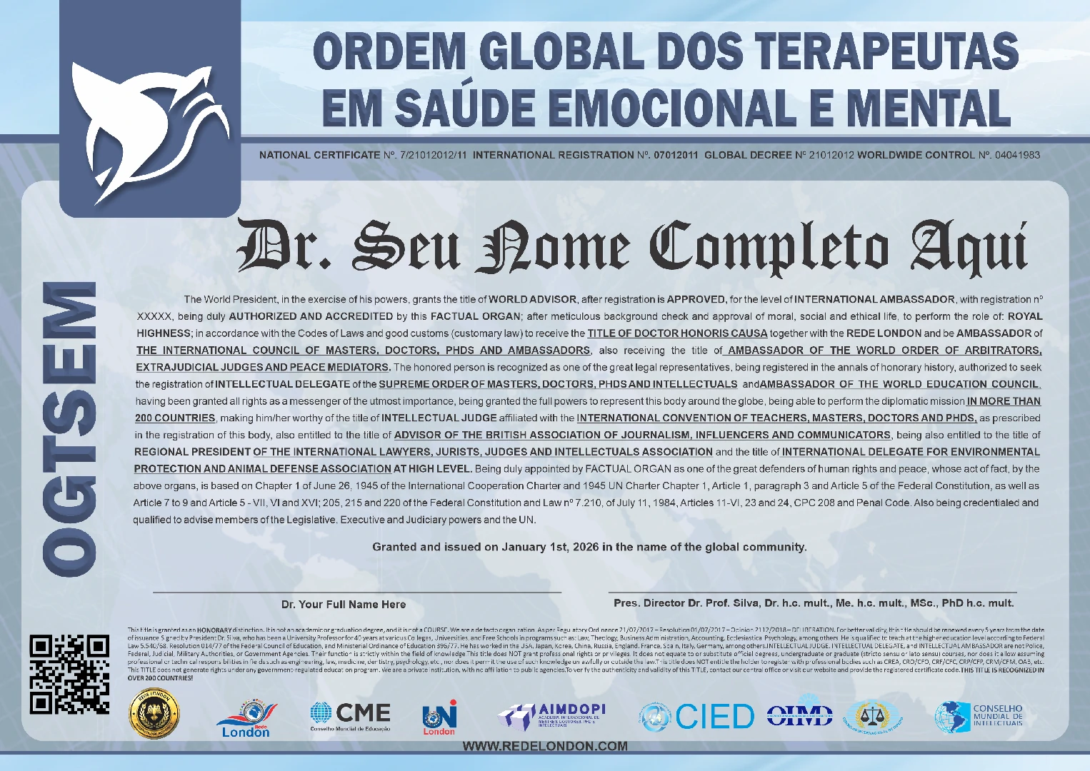 Diploma Ordem Global dos Terapeutas em Saúde Emocional e Mental