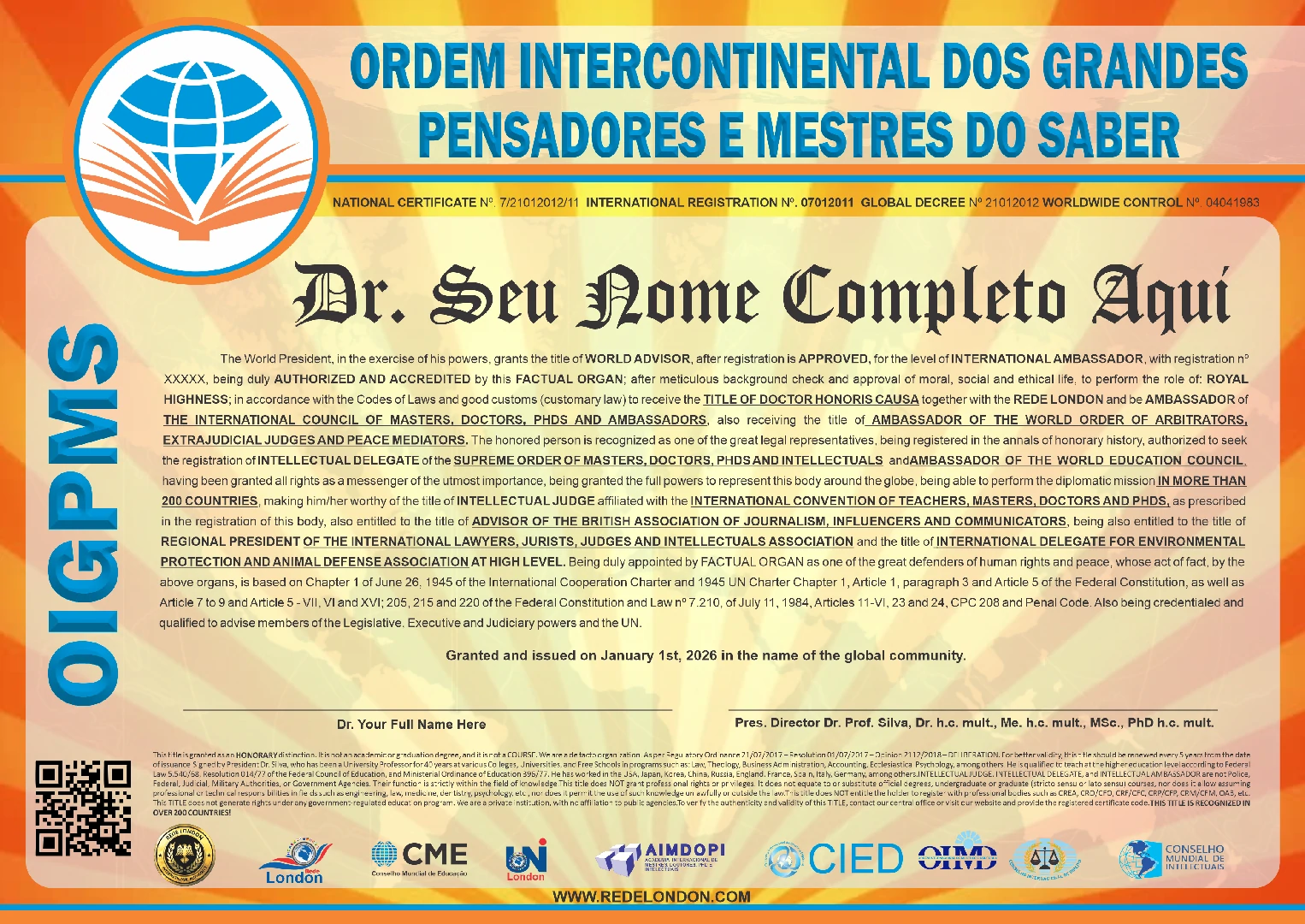 Diploma Ordem Intercontinental dos Grandes Pensadores e Mestres do Saber