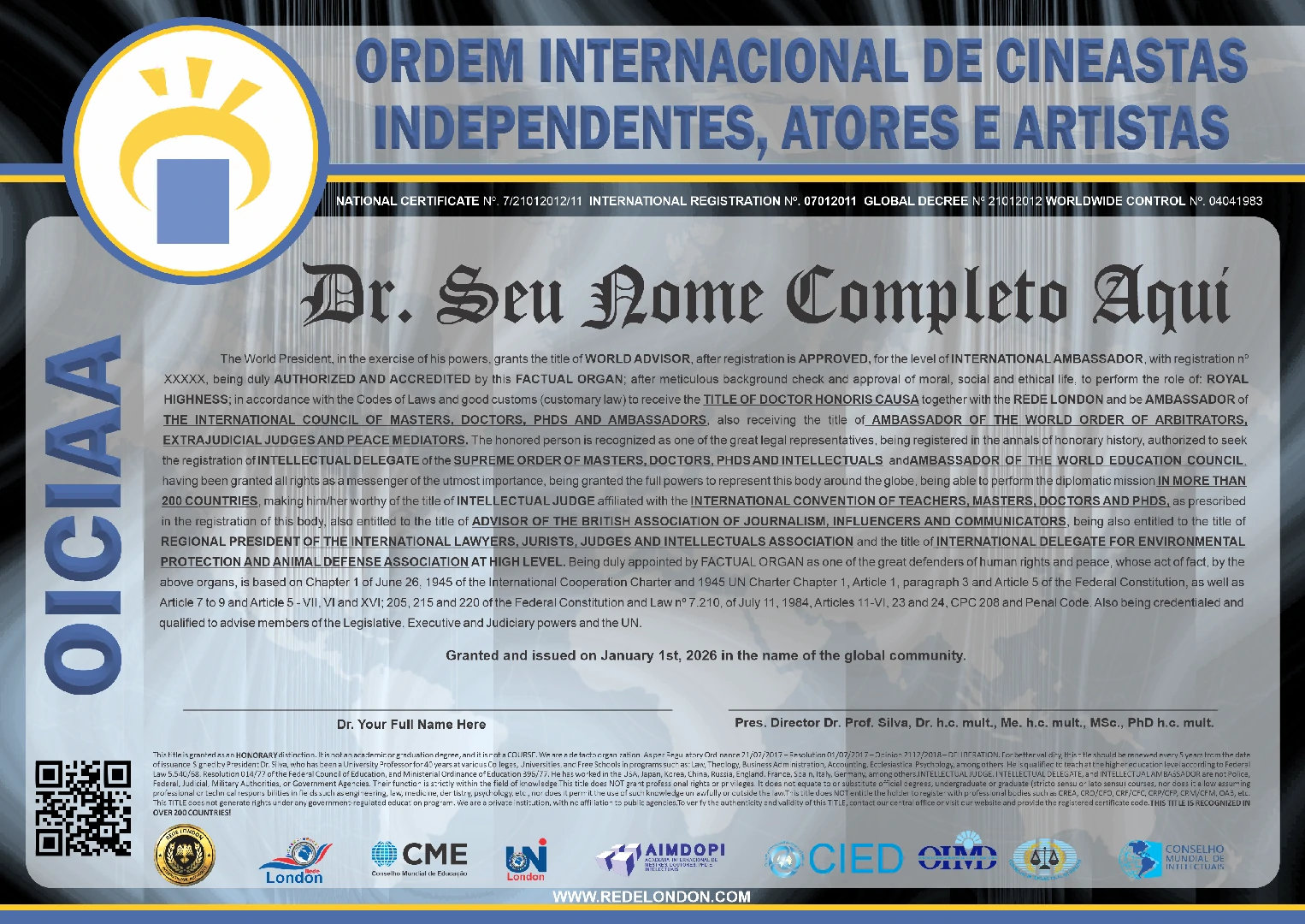 Diploma Ordem Internacional de Cineastas Independentes, Atores e Artistas