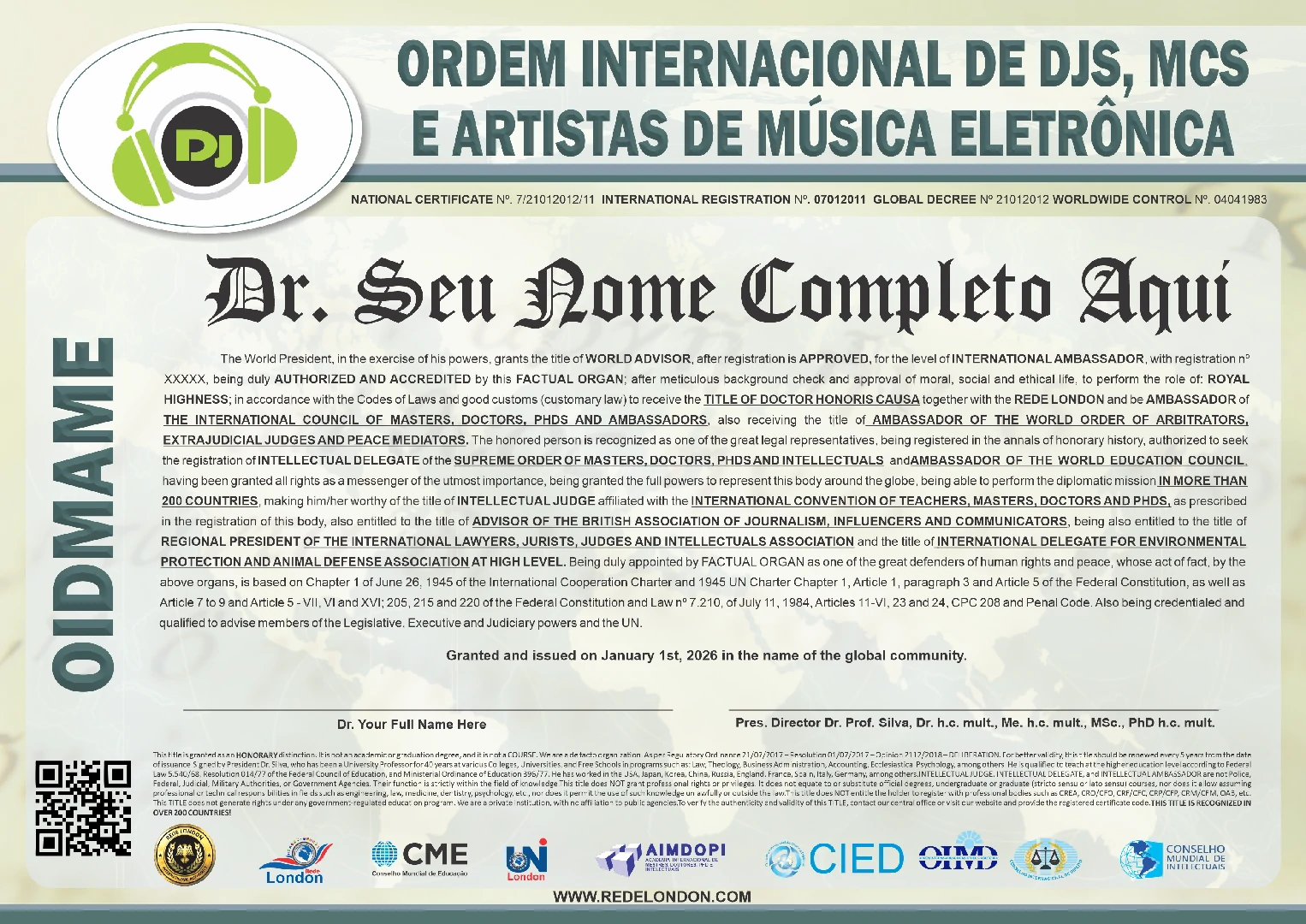 Diploma Ordem Internacional de Djs, Mcs e Artistas de Música Eletrônica