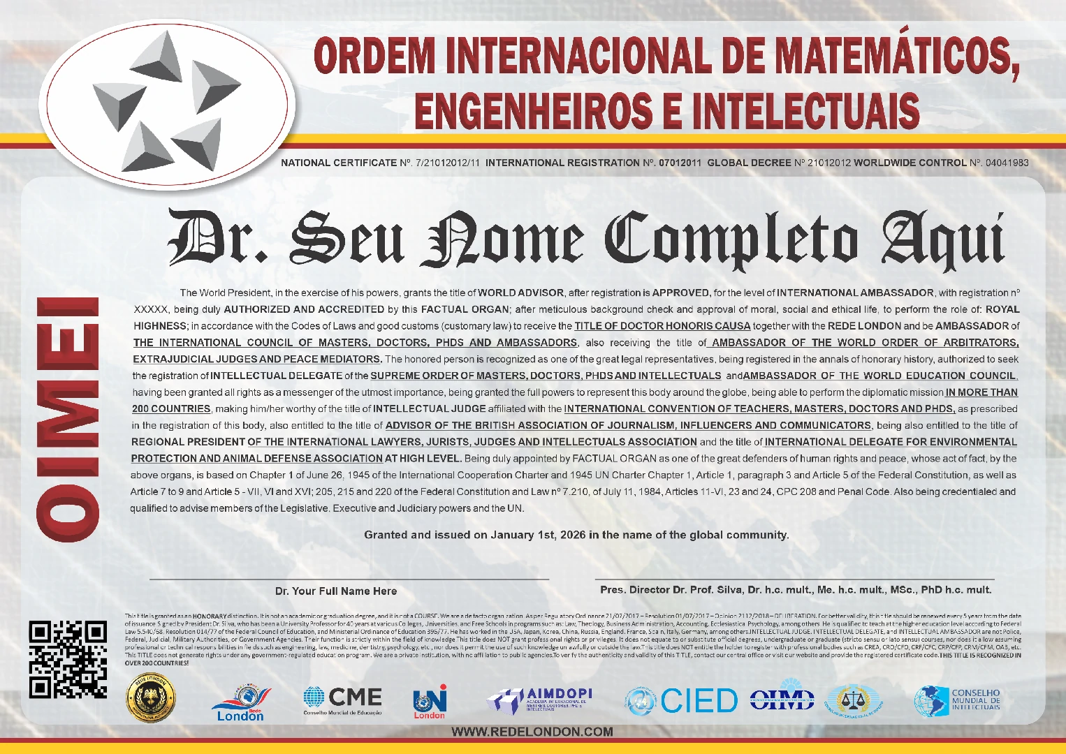 Diploma Ordem Internacional de Matemáticos, Engenheiros e Intelectuais