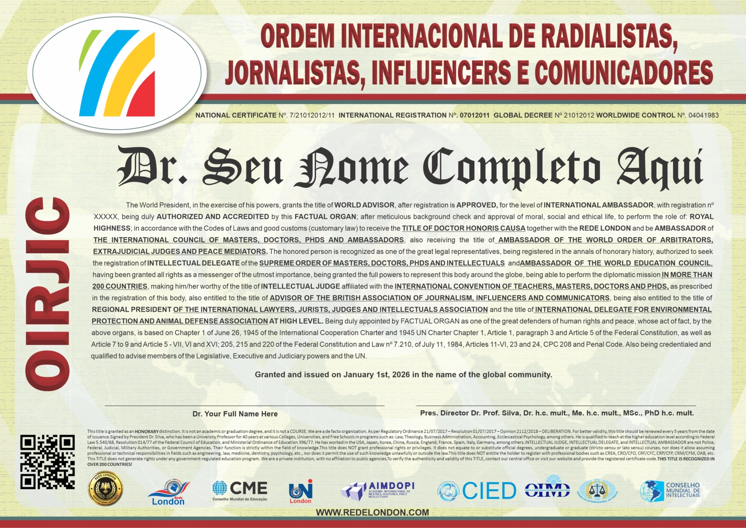 Diploma Ordem Internacional de Radialistas, Jornalistas, Influencers e Comunicadores