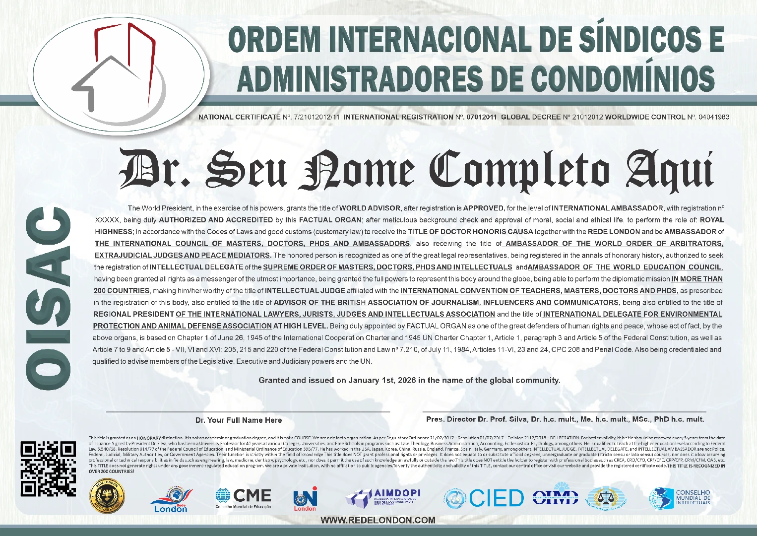 Diploma Ordem Internacional de Síndicos e Admnistradores de Condomínios