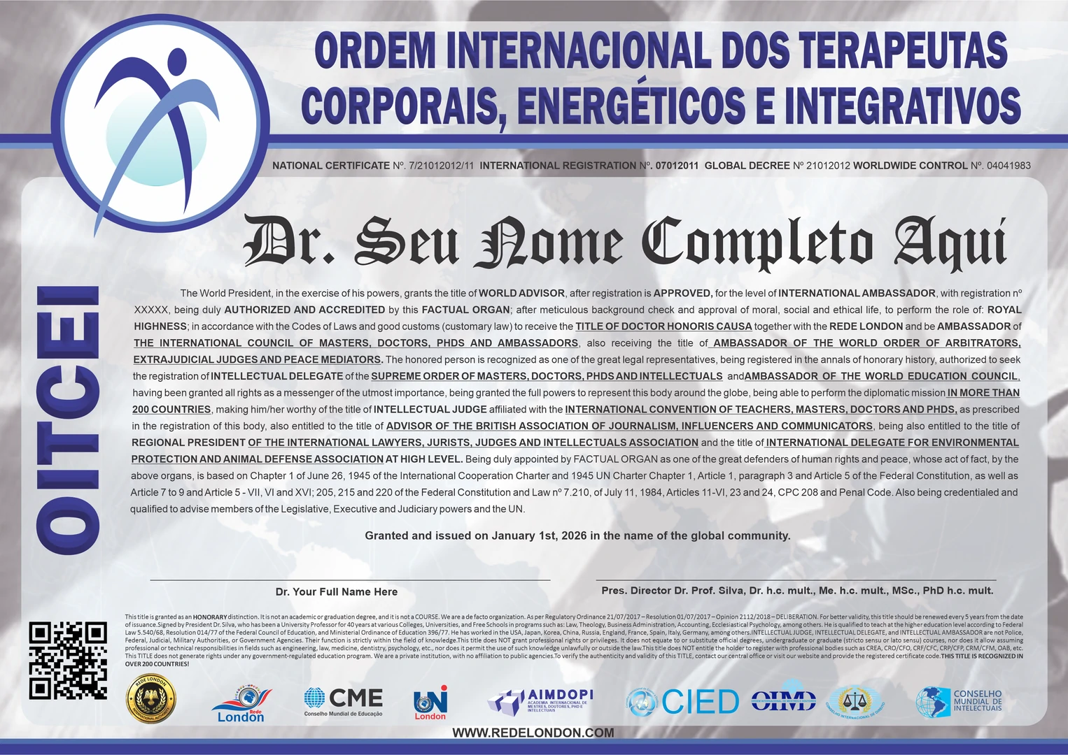 Diploma Ordem Internacional dos Terapeutas Corporais, Energéticos e Integrativos