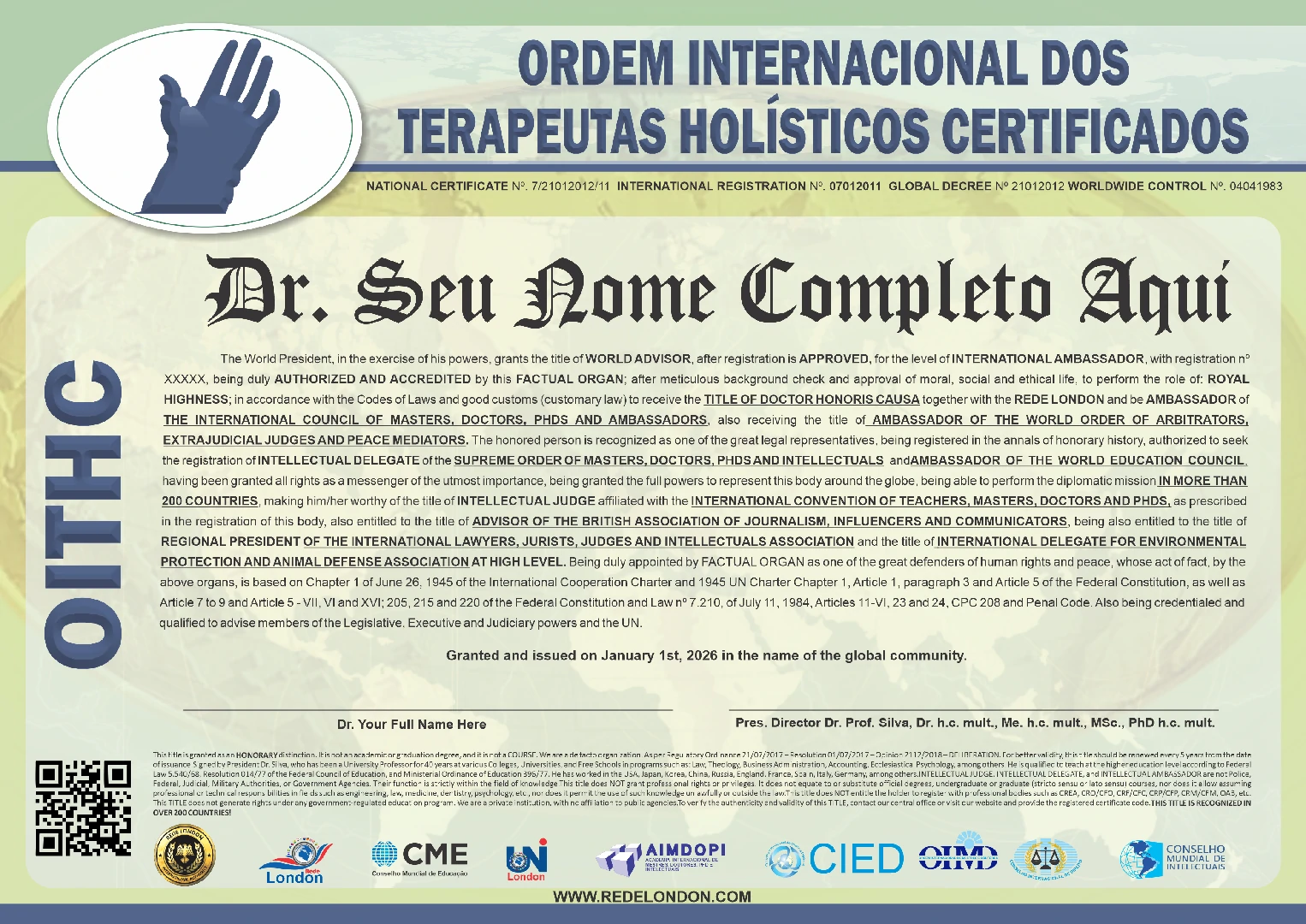 Diploma Ordem Internacional dos Terapeutas Holísticos Certificados