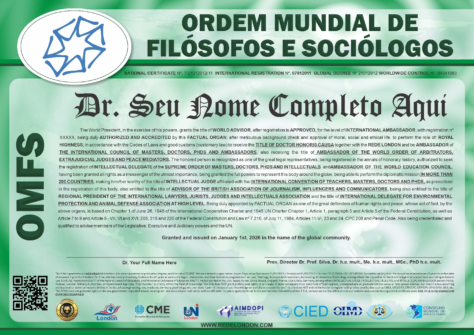 Diploma Ordem Mundial de Filósofos e Sociólogos
