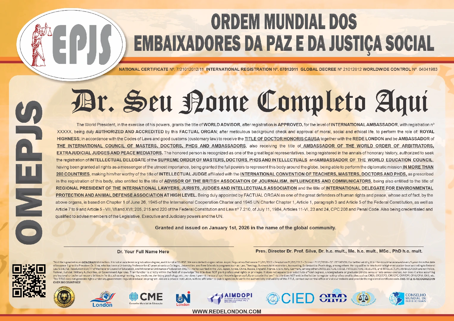 Diploma Ordem Mundial dos Embaixadores da Paz e da Justiça Social