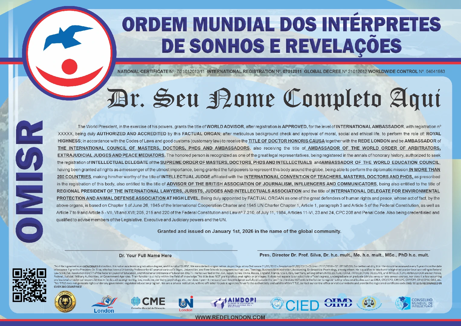 Diploma Ordem Mundial dos Intérpretes de Sonhos e Revelações
