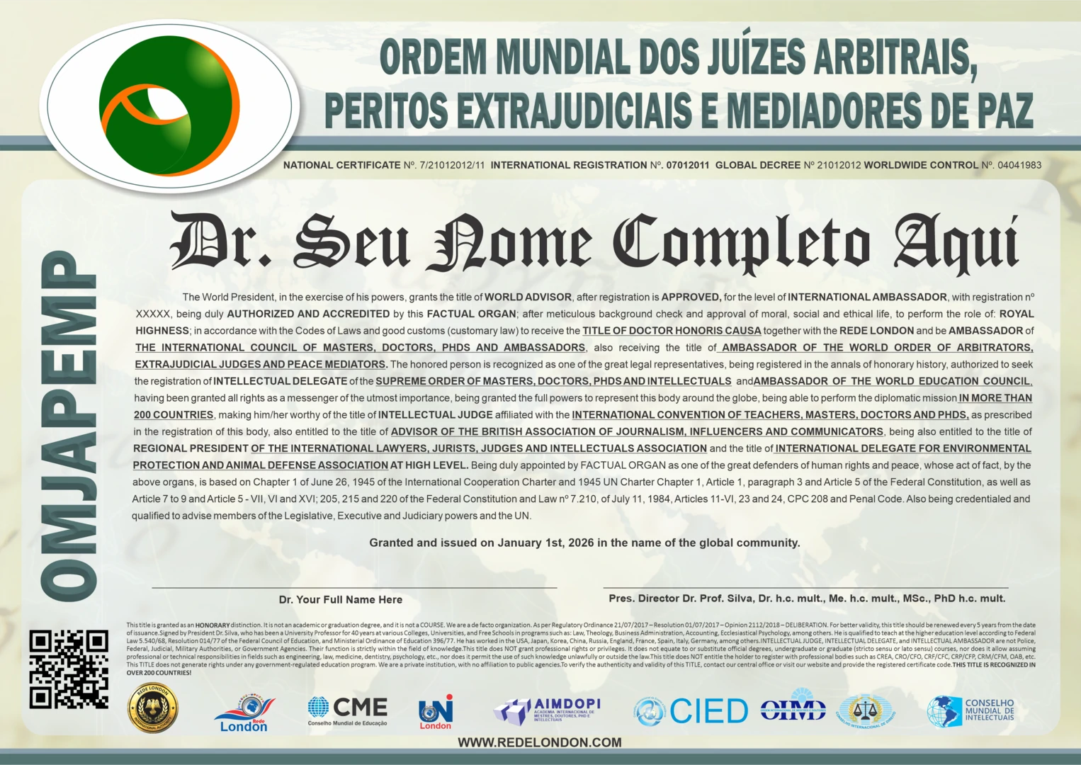 Diploma Ordem Mundial dos Juízes Arbitrais, Peritos Extrajudiciais e Mediadores de Paz