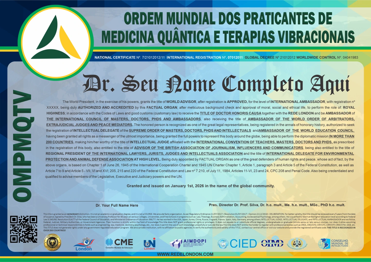 Diploma Ordem Mundial dos Praticantes de Medicina Quântica e Terapias Vibracionais