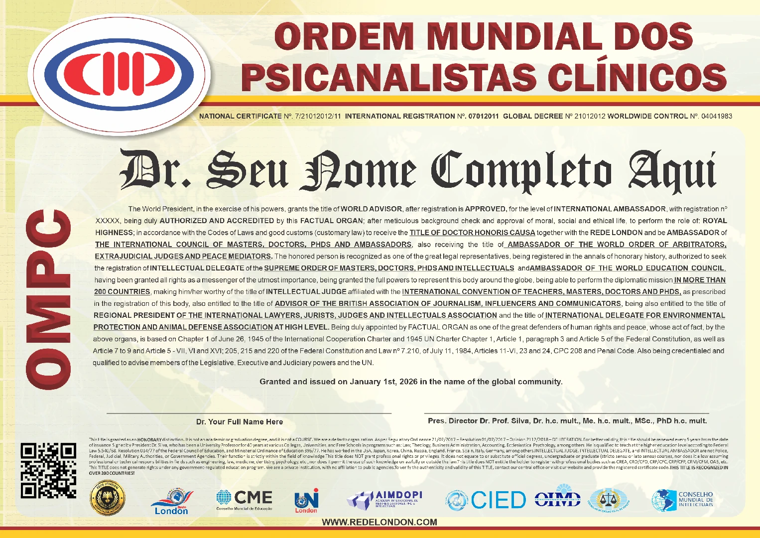 Diploma Ordem Mundial dos Psicanalistas Clínicos