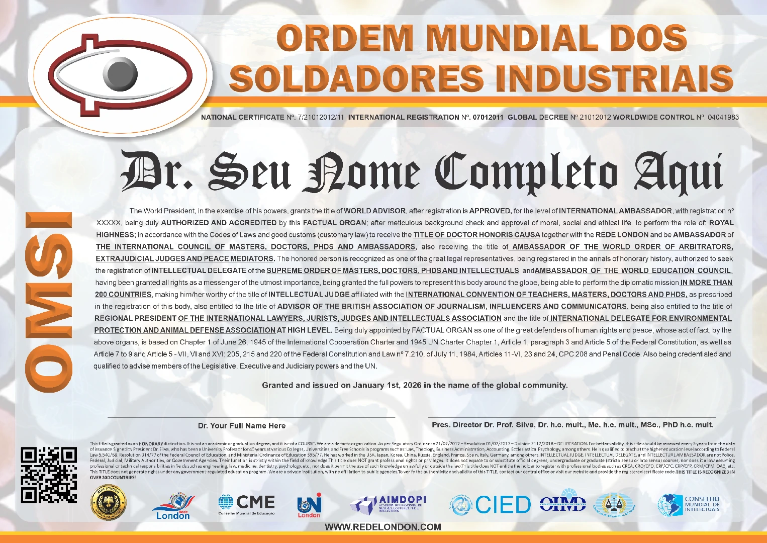 Diploma Ordem Mundial dos Soldadores Industriais