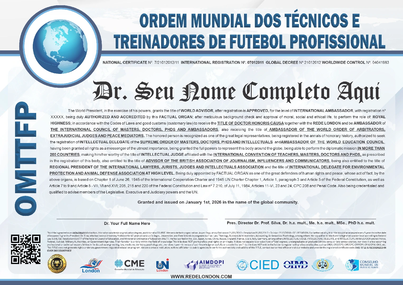 Diploma Ordem Mundial dos Técnicos e Treinadores de Futebol Profissional