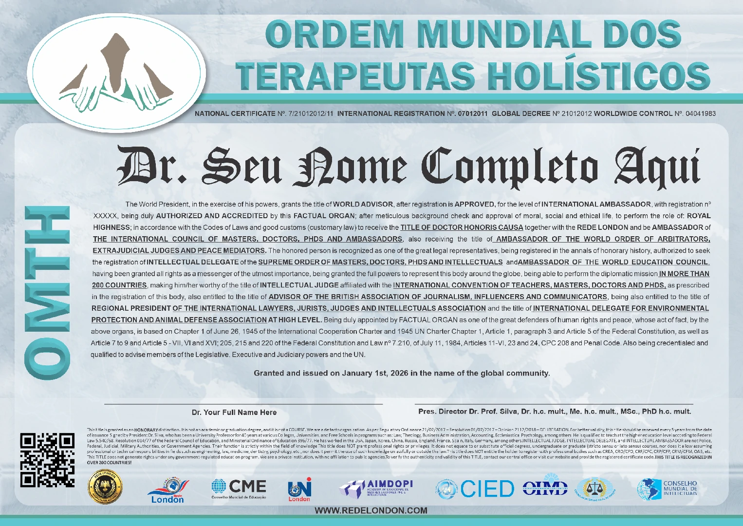 Diploma Ordem Mundial dos Terapeutas Holísticos