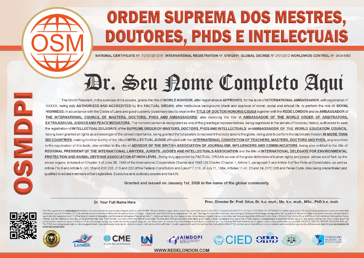 Diploma Ordem Suprema dos Mestres, Doutores, Phds e Intelectuais